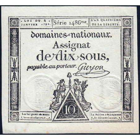 Assignat 23a - 10 sous - 4 janvier 1792 - Série 1486 - Etat : SPL