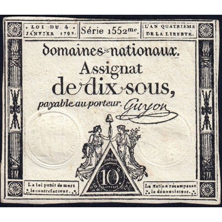 Assignat 23a - 10 sous - 4 janvier 1792 - Série 1552 - Etat : TTB+