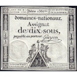 Assignat 23a - 10 sous - 4 janvier 1792 - Série 1567 - Etat : TTB