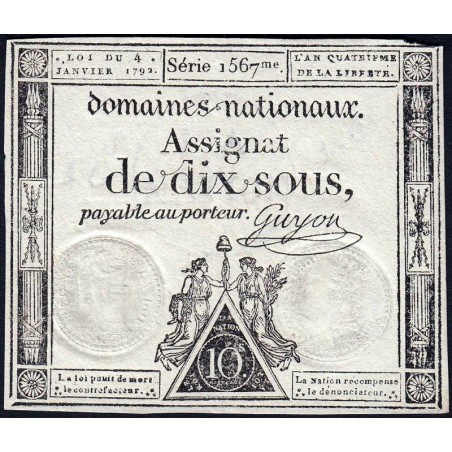 Assignat 23a - 10 sous - 4 janvier 1792 - Série 1567 - Etat : TTB