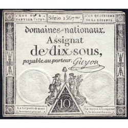 Assignat 23a - 10 sous - 4 janvier 1792 - Série 1567 - Etat : TTB