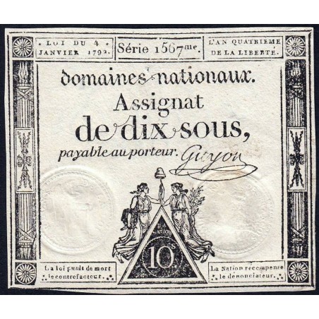 Assignat 23a - 10 sous - 4 janvier 1792 - Série 1567 - Etat : TTB