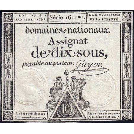 Assignat 23a - 10 sous - 4 janvier 1792 - Série 1610 - Etat : TTB