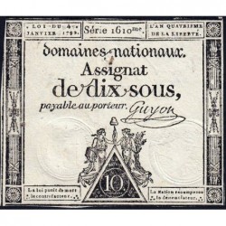 Assignat 23a - 10 sous - 4 janvier 1792 - Série 1610 - Etat : TTB
