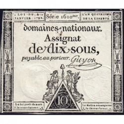 Assignat 23a - 10 sous - 4 janvier 1792 - Série 1610 - Etat : TTB