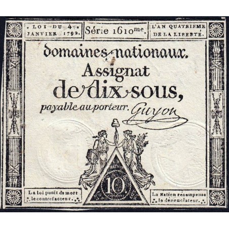 Assignat 23a - 10 sous - 4 janvier 1792 - Série 1610 - Etat : TTB