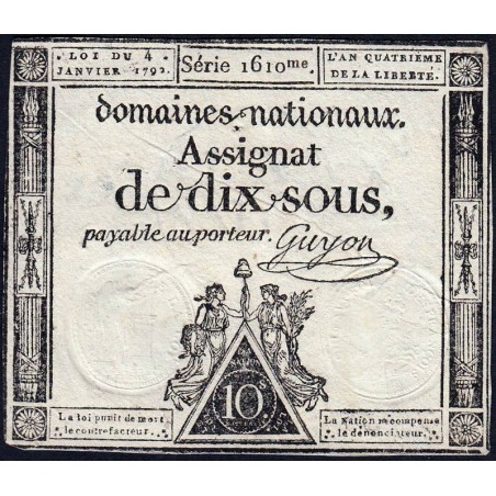 Assignat 23a - 10 sous - 4 janvier 1792 - Série 1610 - Etat : TTB+