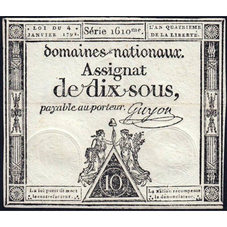 Assignat 23a - 10 sous - 4 janvier 1792 - Série 1610 - Etat : SUP