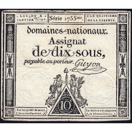 Assignat 23a - 10 sous - 4 janvier 1792 - Série 1755 - Etat : TB+