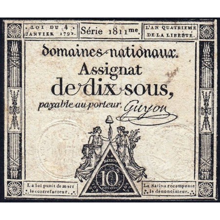 Assignat 23a - 10 sous - 4 janvier 1792 - Série 1811 - Etat : TB