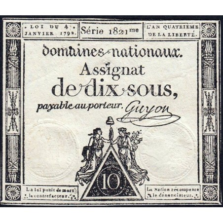 Assignat 23a - 10 sous - 4 janvier 1792 - Série 1821 - Etat : TTB+