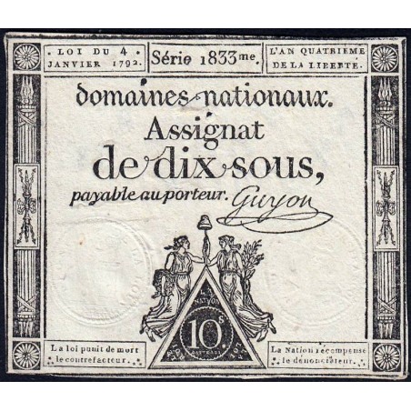 Assignat 23a - 10 sous - 4 janvier 1792 - Série 1833 - Etat : TTB+