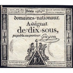 Assignat 23a - 10 sous - 4 janvier 1792 - Série 1989 - Etat : TTB