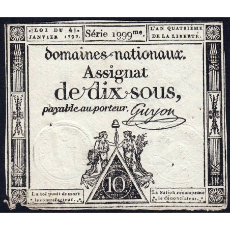 Assignat 23a - 10 sous - 4 janvier 1792 - Série 1999 - Etat : TB+