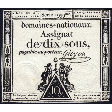 Assignat 23a - 10 sous - 4 janvier 1792 - Série 1999 - Etat : TTB+