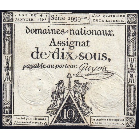 Assignat 23a - 10 sous - 4 janvier 1792 - Série 1999 - Etat : TTB