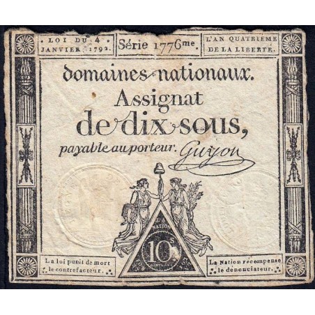 Assignat 23a - 10 sous - 4 janvier 1792 - Série 1776 - Etat : B+