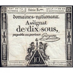 Assignat 34a - 10 sous - 24 octobre 1792 - Série 31 - Etat : TB+