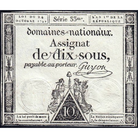 Assignat 34a - 10 sous - 24 octobre 1792 - Série 33 - Etat : SUP