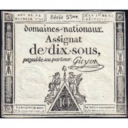 Assignat 34a - 10 sous - 24 octobre 1792 - Série 53 - Etat : TTB