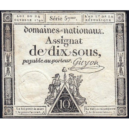 Assignat 34a - 10 sous - 24 octobre 1792 - Série 57 - Etat : TB+