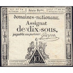 Assignat 34a - 10 sous - 24 octobre 1792 - Série 87 - Etat : TTB