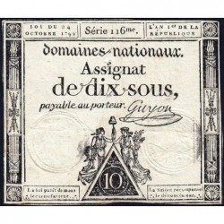 Assignat 34a - 10 sous - 24 octobre 1792 - Série 116 - Etat : TB+