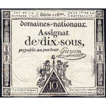 Assignat 34a - 10 sous - 24 octobre 1792 - Série 116 - Etat : TB+