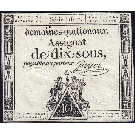 Assignat 34a - 10 sous - 24 octobre 1792 - Série 316 - Etat : TB+