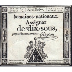 Assignat 34a - 10 sous - 24 octobre 1792 - Série 326 - Etat : TTB