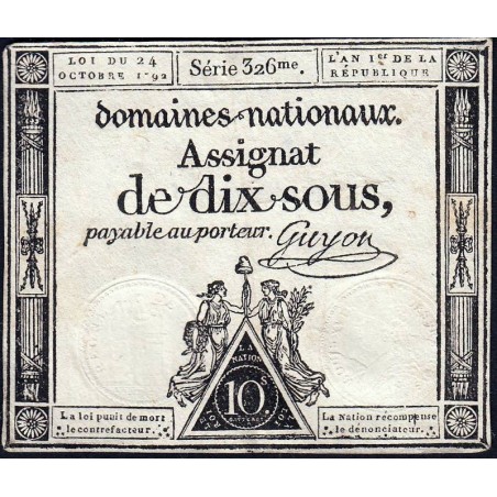 Assignat 34a - 10 sous - 24 octobre 1792 - Série 326 - Etat : TTB