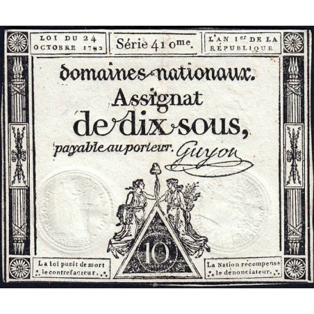 Assignat 34a - 10 sous - 24 octobre 1792 - Série 410 - Etat : TTB