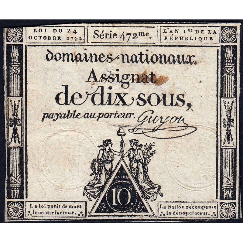 Assignat 34a - 10 sous - 24 octobre 1792 - Série 472 - Etat : TB-