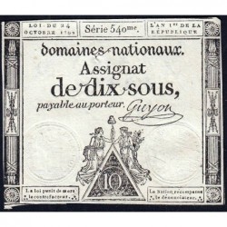 Assignat 34a - 10 sous - 24 octobre 1792 - Série 540 - Etat : TB+