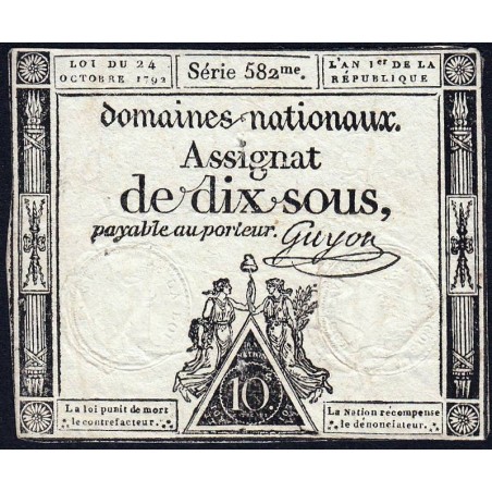 Assignat 34a - 10 sous - 24 octobre 1792 - Série 582 - Etat : TB