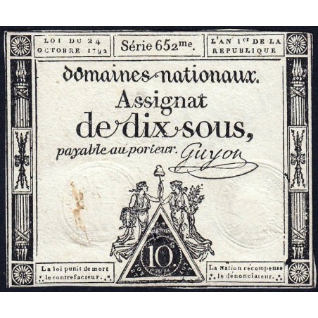 Assignat 34a - 10 sous - 24 octobre 1792 - Série 652 - Etat : TB