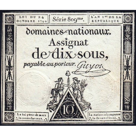 Assignat 34a - 10 sous - 24 octobre 1792 - Série 809 - Etat : TB+