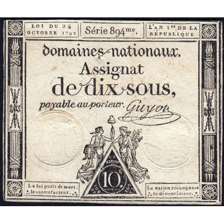 Assignat 34a - 10 sous - 24 octobre 1792 - Série 894 - Etat : TB+