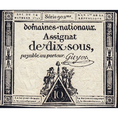 Assignat 34a - 10 sous - 24 octobre 1792 - Série 902 - Etat : TB