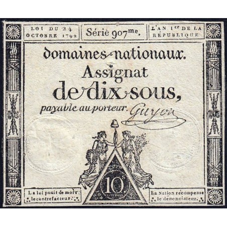 Assignat 34a - 10 sous - 24 octobre 1792 - Série 907 - Etat : TB