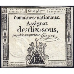 Assignat 34a - 10 sous - 24 octobre 1792 - Série 937 - Etat : TTB