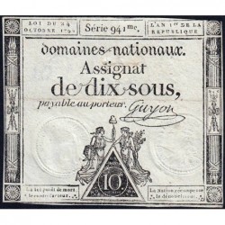 Assignat 34a - 10 sous - 24 octobre 1792 - Série 941 - Etat : TB