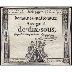 Assignat 34a - 10 sous - 24 octobre 1792 - Série 949 - Etat : TB+