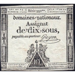 Assignat 34a - 10 sous - 24 octobre 1792 - Série 992 - Etat : TTB