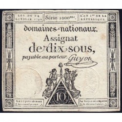 Assignat 34a - 10 sous - 24 octobre 1792 - Série 1000 - Etat : TB+