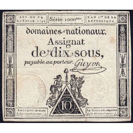 Assignat 34a - 10 sous - 24 octobre 1792 - Série 1000 - Etat : TB+