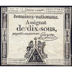 Assignat 34a - 10 sous - 24 octobre 1792 - Série 1000 - Etat : TB+