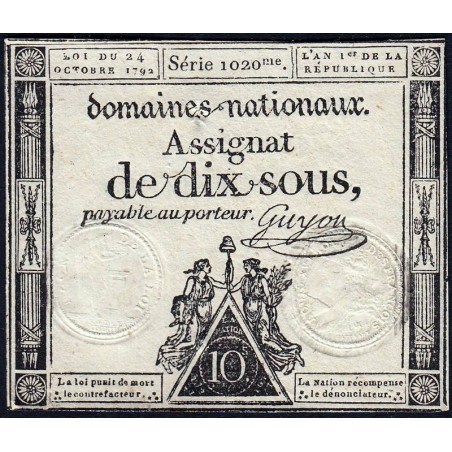 Assignat 34a - 10 sous - 24 octobre 1792 - Série 1020 - Etat : TTB+