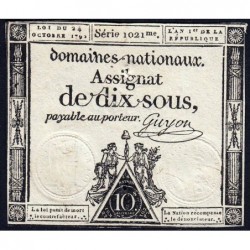 Assignat 34a - 10 sous - 24 octobre 1792 - Série 1021 - Etat : TTB