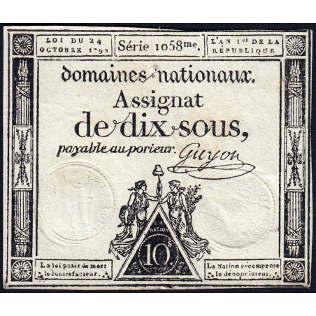 Assignat 34a - 10 sous - 24 octobre 1792 - Série 1058 - Etat : TB+